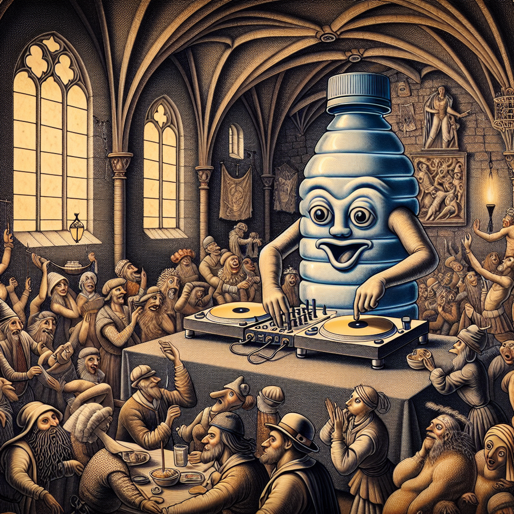 An image generated during a game: an anthropomorphic water bottle with a face and arms and a thousand-yard stare, performing at a DJ set. The townsfolk are dancing and cheering.